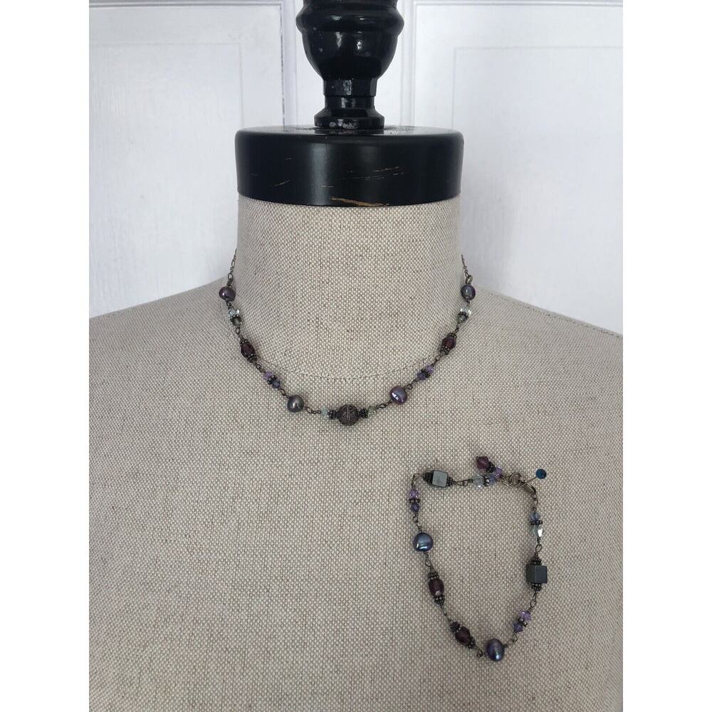 Silver Gemstone Pearl Beaded 15" Necklace Bracelet Set